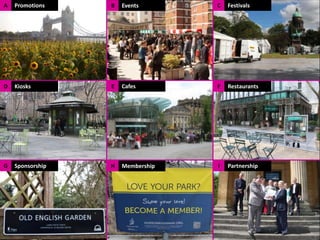 A Promotions B Events C Festivals 
D Kiosks E Cafes F Restaurants 
G Sponsorship H Membership I Partnership 
 