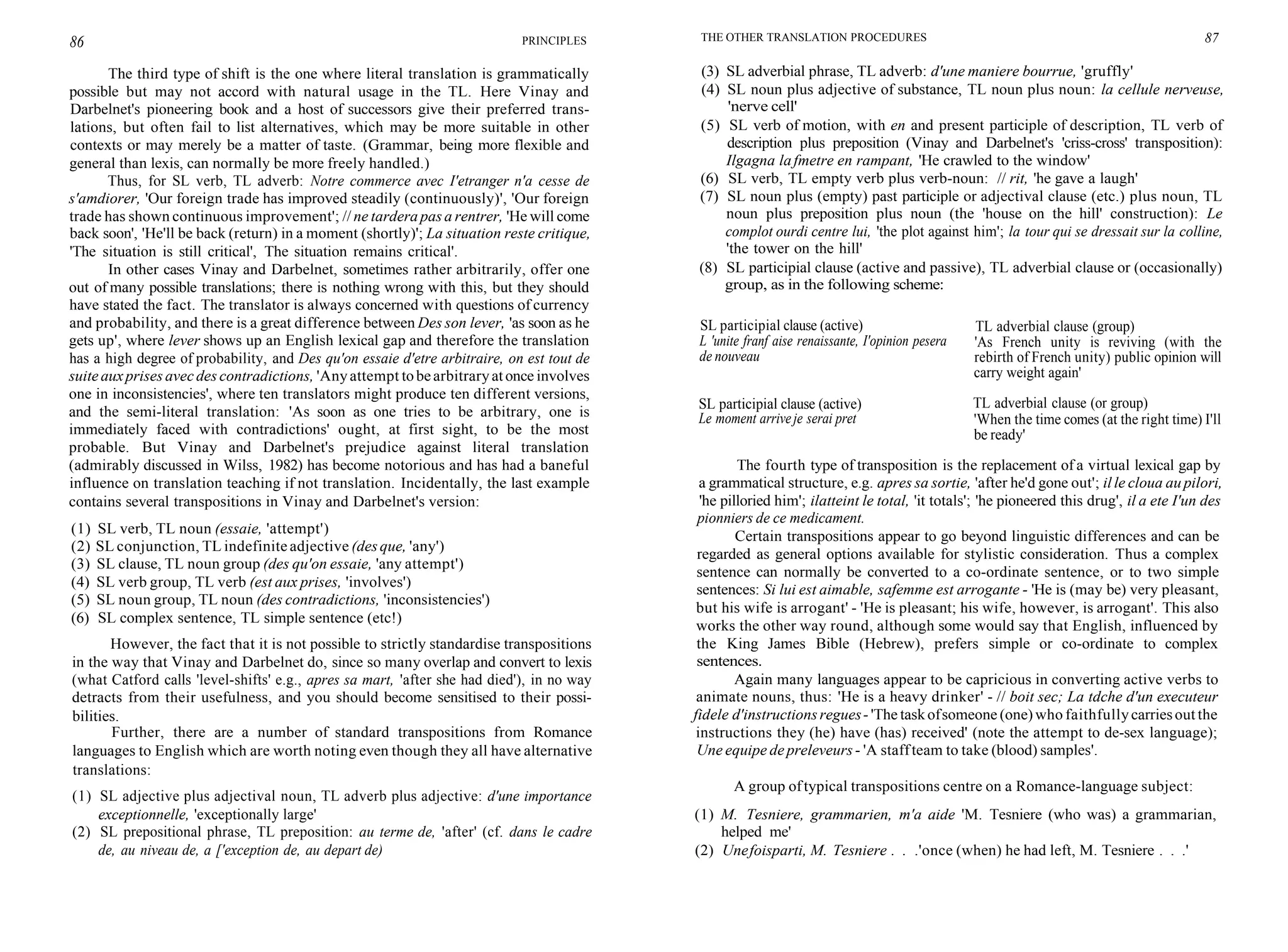 86 PRINCIPLES
The third type of shift is the one where literal translation is grammatically
possible but may not accord with natural usage in the TL. Here Vinay and
Darbelnet's pioneering book and a host of successors give their preferred trans-
lations, but often fail to list alternatives, which may be more suitable in other
contexts or may merely be a matter of taste. (Grammar, being more flexible and
general than lexis, can normally be more freely handled.)
Thus, for SL verb, TL adverb: Notre commerce avec I'etranger n'a cesse de
s'amdiorer, 'Our foreign trade has improved steadily (continuously)', 'Our foreign
trade has shown continuous improvement'; // ne tardera pas a rentrer, 'He will come
back soon', 'He'll be back (return) in a moment (shortly)'; La situation reste critique,
'The situation is still critical', The situation remains critical'.
In other cases Vinay and Darbelnet, sometimes rather arbitrarily, offer one
out of many possible translations; there is nothing wrong with this, but they should
have stated the fact. The translator is always concerned with questions of currency
and probability, and there is a great difference between Des son lever, 'as soon as he
gets up', where lever shows up an English lexical gap and therefore the translation
has a high degree of probability, and Des qu'on essaie d'etre arbitraire, on est tout de
suiteauxprisesavecdescontradictions, 'Anyattempt tobearbitraryatonce involves
one in inconsistencies', where ten translators might produce ten different versions,
and the semi-literal translation: 'As soon as one tries to be arbitrary, one is
immediately faced with contradictions' ought, at first sight, to be the most
probable. But Vinay and Darbelnet's prejudice against literal translation
(admirably discussed in Wilss, 1982) has become notorious and has had a baneful
influence on translation teaching if not translation. Incidentally, the last example
contains several transpositions in Vinay and Darbelnet's version:
(1) SL verb, TL noun (essaie, 'attempt')
(2) SL conjunction, TL indefinite adjective (desque, 'any')
(3) SL clause, TL noun group (des qu'on essaie, 'any attempt')
(4) SL verb group, TL verb (est aux prises, 'involves')
(5) SL noun group, TL noun (des contradictions, 'inconsistencies')
(6) SL complex sentence, TL simple sentence (etc!)
However, the fact that it is not possible to strictly standardise transpositions
in the way that Vinay and Darbelnet do, since so many overlap and convert to lexis
(what Catford calls 'level-shifts' e.g., apres sa mart, 'after she had died'), in no way
detracts from their usefulness, and you should become sensitised to their possi-
bilities.
Further, there are a number of standard transpositions from Romance
languages to English which are worth noting even though they all have alternative
translations:
(1) SL adjective plus adjectival noun, TL adverb plus adjective: d'une importance
exceptionnelle, 'exceptionally large'
(2) SL prepositional phrase, TL preposition: au terme de, 'after' (cf. dans le cadre
de, au niveau de, a ['exception de, au depart de)
THE OTHER TRANSLATION PROCEDURES 87
(3) SL adverbial phrase, TL adverb: d'une maniere bourrue, 'gruffly'
(4) SL noun plus adjective of substance, TL noun plus noun: la cellule nerveuse,
'nerve cell'
(5) SL verb of motion, with en and present participle of description, TL verb of
description plus preposition (Vinay and Darbelnet's 'criss-cross' transposition):
Ilgagna lafmetre en rampant, 'He crawled to the window'
(6) SL verb, TL empty verb plus verb-noun: // rit, 'he gave a laugh'
(7) SL noun plus (empty) past participle or adjectival clause (etc.) plus noun, TL
noun plus preposition plus noun (the 'house on the hill' construction): Le
complot ourdi centre lui, 'the plot against him'; la tour qui se dressait sur la colline,
'the tower on the hill'
(8) SL participial clause (active and passive), TL adverbial clause or (occasionally)
group, as in the following scheme:
SL participial clause (active)
L 'unite franf aise renaissante, I'opinion pesera
de nouveau
SL participial clause (active)
Le moment arrive je serai pret
TL adverbial clause (group)
'As French unity is reviving (with the
rebirth of French unity) public opinion will
carry weight again'
TL adverbial clause (or group)
'When the time comes (at the right time) I'll
be ready'
The fourth type of transposition is the replacement of a virtual lexical gap by
a grammatical structure, e.g. apres sa sortie, 'after he'd gone out'; il le cloua au pilori,
'he pilloried him'; ilatteint le total, 'it totals'; 'he pioneered this drug', il a ete I'un des
pionniers de ce medicament.
Certain transpositions appear to go beyond linguistic differences and can be
regarded as general options available for stylistic consideration. Thus a complex
sentence can normally be converted to a co-ordinate sentence, or to two simple
sentences: Si lui est aimable, safemme est arrogante - 'He is (may be) very pleasant,
but his wife is arrogant' - 'He is pleasant; his wife, however, is arrogant'. This also
works the other way round, although some would say that English, influenced by
the King James Bible (Hebrew), prefers simple or co-ordinate to complex
sentences.
Again many languages appear to be capricious in converting active verbs to
animate nouns, thus: 'He is a heavy drinker' - // boit sec; La tdche d'un executeur
fidele d'instructionsregues- 'The taskofsomeone (one)who faithfullycarriesout the
instructions they (he) have (has) received' (note the attempt to de-sex language);
Une equipe de preleveurs - 'A staffteam to take (blood) samples'.
A group oftypical transpositions centre on a Romance-language subject:
(1) M. Tesniere, grammarien, m'a aide 'M. Tesniere (who was) a grammarian,
helped me'
(2) Unefoisparti, M. Tesniere . . .'once (when) he had left, M. Tesniere . . .'
 