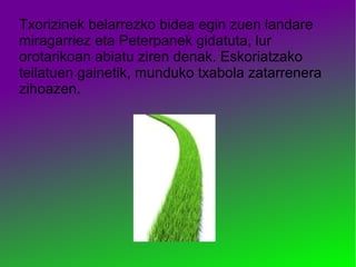 Txorizinek belarrezko bidea egin zuen landare
miragarriez eta Peterpanek gidatuta, lur
orotarikoan abiatu ziren denak. Eskoriatzako
teilatuen gainetik, munduko txabola zatarrenera
zihoazen.
 
