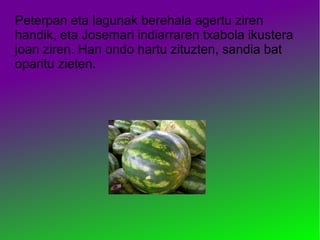 Peterpan eta lagunak berehala agertu ziren
handik, eta Josemari indiarraren txabola ikustera
joan ziren. Han ondo hartu zituzten, sandia bat
oparitu zieten.
 