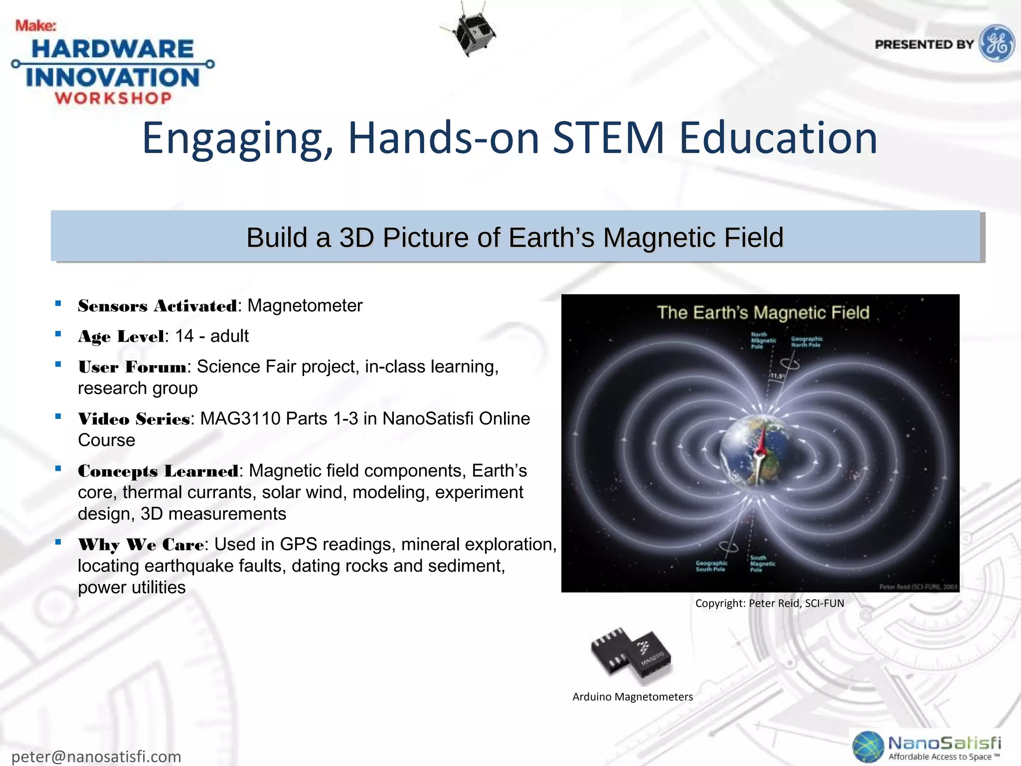 peter@nanosatisfi.com
Engaging, Hands-on STEM Education
Build a 3D Picture of Earth’s Magnetic FieldBuild a 3D Picture of Earth’s Magnetic FieldBuild a 3D Picture of Earth’s Magnetic FieldBuild a 3D Picture of Earth’s Magnetic Field
 Sensors Activated: Magnetometer
 Age Level: 14 - adult
 User Forum: Science Fair project, in-class learning,
research group
 Video Series: MAG3110 Parts 1-3 in NanoSatisfi Online
Course
 Concepts Learned: Magnetic field components, Earth’s
core, thermal currants, solar wind, modeling, experiment
design, 3D measurements
 Why We Care: Used in GPS readings, mineral exploration,
locating earthquake faults, dating rocks and sediment,
power utilities
Arduino Magnetometers
Copyright: Peter Reid, SCI-FUN
 