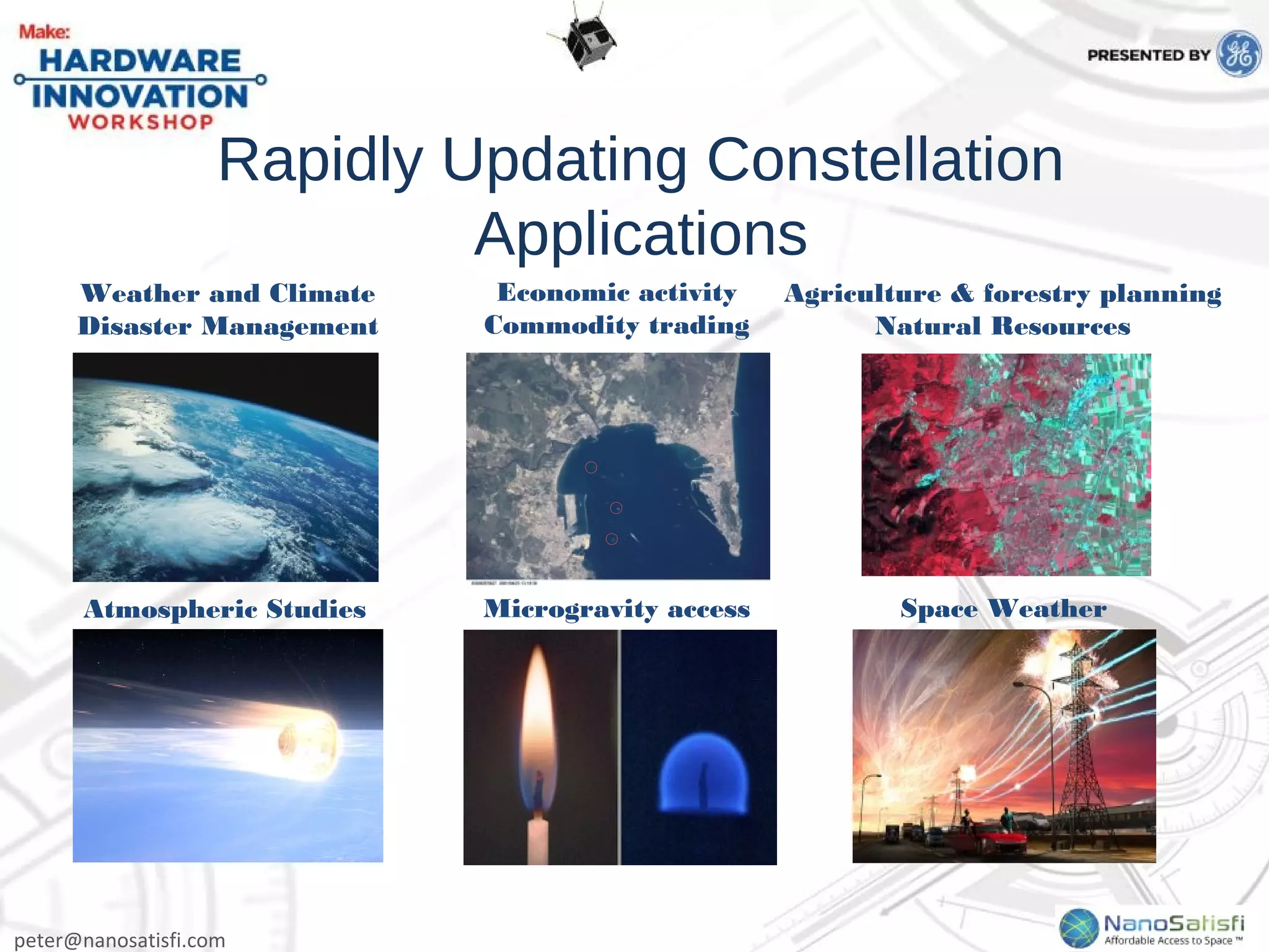 peter@nanosatisfi.com
Weather and Climate
Disaster Management
Economic activity
Commodity trading
Microgravity accessAtmospheric Studies Space Weather
Agriculture & forestry planning
Natural Resources
Rapidly Updating Constellation
Applications
 