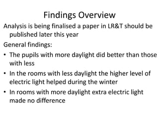 Findings Overview
Analysis is being finalised a paper in LR&T should be
published later this year
General findings:
• The pupils with more daylight did better than those
with less
• In the rooms with less daylight the higher level of
electric light helped during the winter
• In rooms with more daylight extra electric light
made no difference
 