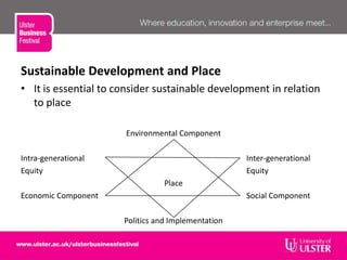 Sustainable Development and Place
• It is essential to consider sustainable development in relation
to place
Environmental Component
Intra-generational Inter-generational
Equity Equity
Place
Economic Component Social Component
Politics and Implementation
 