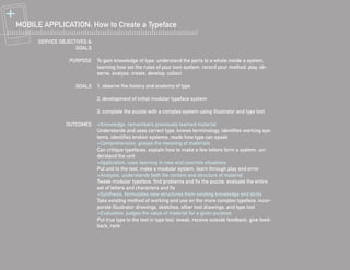 +
    MOBILE APPLICATION: How to Create a Typeface

          SERVICE OBJECTIVES &
                        GOALS

                     PURPOSE     To gain knowledge of type, understand the parts to a whole inside a system,
                                 learning how set the rules of your own system, record your method, play, ob-
                                 serve, analyze, create, develop, collect

                        GOALS    1. observe the history and anatomy of type

                                 2. development of initial modular typeface system

                                 3. complete the puzzle with a complex system using illustrator and type tool

                    OUTCOMES     +Knowledge, remembers previously learned material
                                 Understands and uses correct type, knows terminology, identifies working sys-
                                 tems, identifies broken systems, reads how type can speak
                                 +Comprehension, grasps the meaning of materials
                                 Can critique typefaces, explain how to make a few letters form a system, un-
                                 derstand the unit
                                 +Application, uses learning in new and concrete situations
                                 Put unit to the test, make a modular system, learn through play and error
                                 +Analysis, understands both the content and structure of material
                                 Tweak modular typeface, find problems and fix the puzzle, evaluate the entire
                                 set of letters and characters and fix
                                 +Synthesis, formulates new structures from existing knowledge and skills
                                 Take existing method of working and use on the more complex typeface, incor-
                                 porate Illustrator drawings, sketches, other tool drawings, and type tool
                                 +Evaluation, judges the value of material for a given purpose
                                 Put true type to the test in type tool, tweak, receive outside feedback, give feed-
                                 back, rank
 
