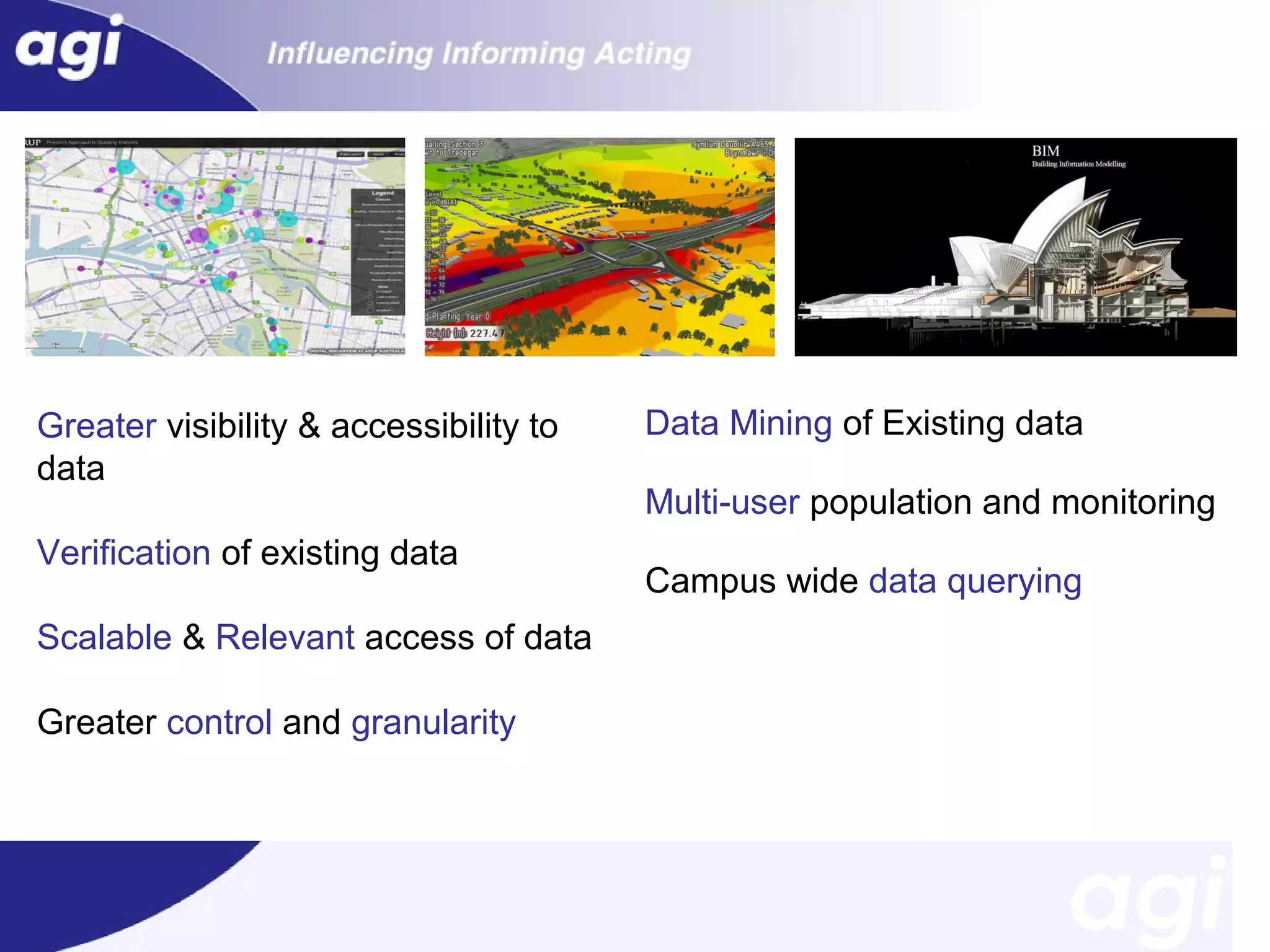Greater visibility & accessibility to
data
Verification of existing data
Scalable & Relevant access of data
Greater control and granularity

Data Mining of Existing data
Multi-user population and monitoring
Campus wide data querying

 