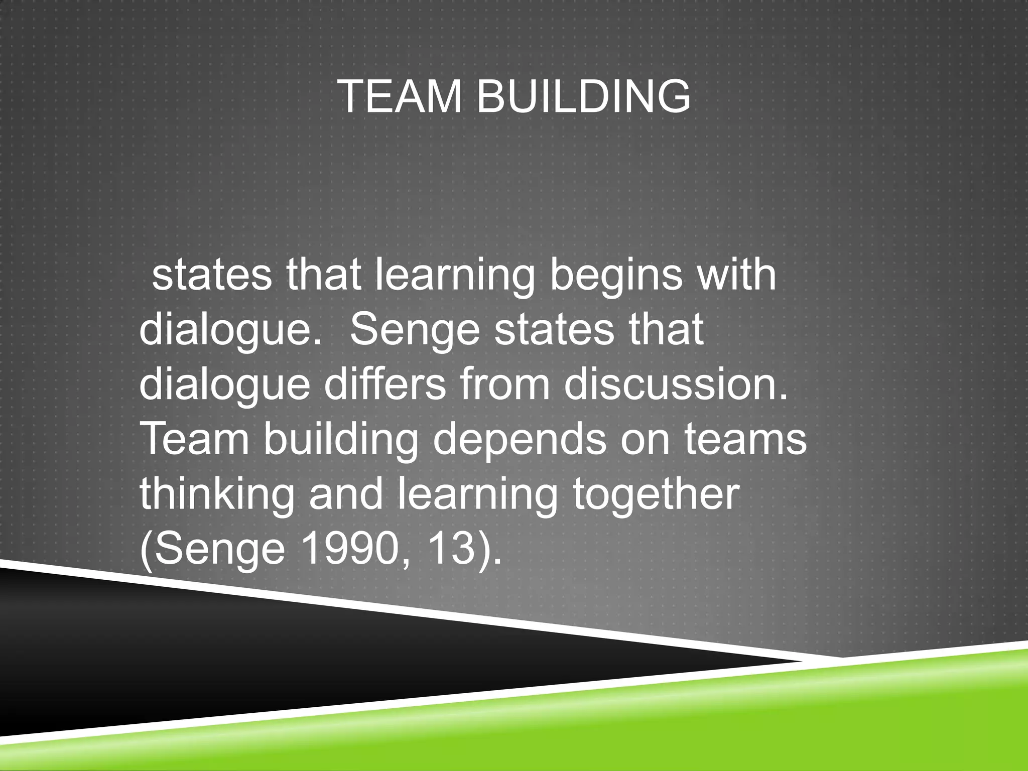 TEAM BUILDING


 states that learning begins with
dialogue. Senge states that
dialogue differs from discussion.
Team building depends on teams
thinking and learning together
(Senge 1990, 13).
 