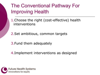 The Conventional Pathway For
Improving Health
1.Choose the right (cost-effective) health
interventions
2.Set ambitious, common targets
3.Fund them adequately
4.Implement interventions as designed
 