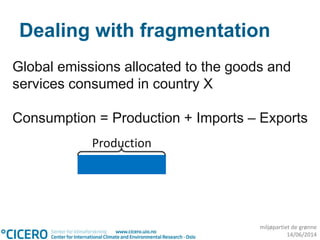 miljøpartiet de grønne
14/06/2014
Dealing with fragmentation
Global emissions allocated to the goods and
services consumed in country X
Consumption = Production + Imports – Exports
Production
 