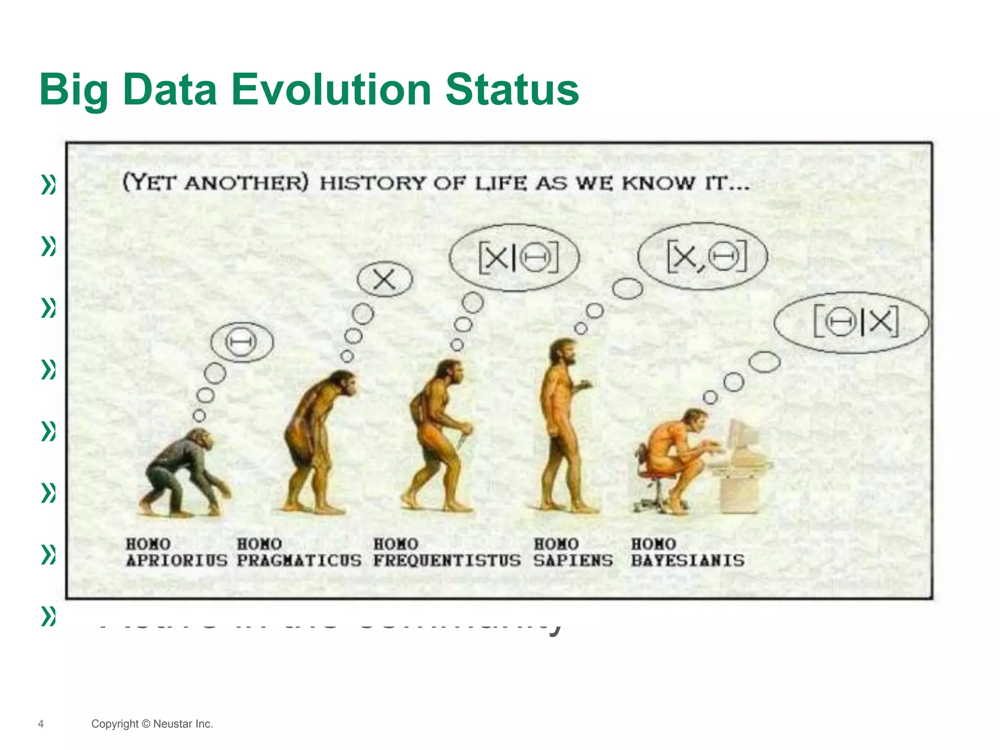 Big Data Evolution Status
4
» New data platform is built – 3Tier
» Collected many Pbs of data
» Hadoop infrastructure in place for 2yrs
» Established Data Science teams
» Machine Learning is in place
» Increased technology skills
» Focused data teams
» Active in the community
Copyright © Neustar Inc.
 