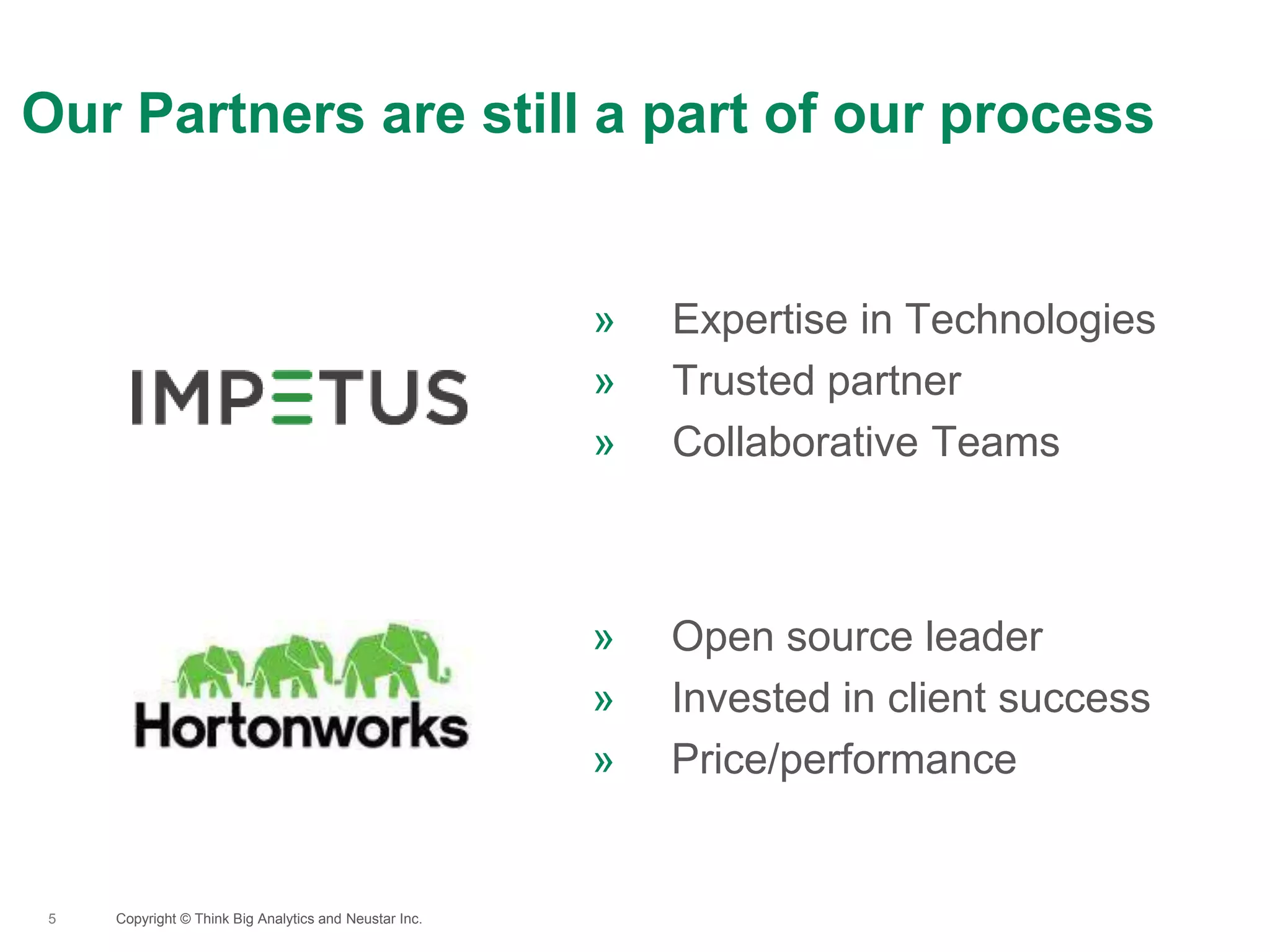 Our Partners are still a part of our process
5 Copyright © Think Big Analytics and Neustar Inc.
» Expertise in Technologies
» Trusted partner
» Collaborative Teams
» Open source leader
» Invested in client success
» Price/performance
 