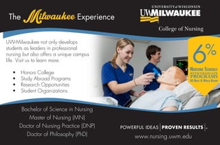 Bachelor of Science in Nursing
Master of Nursing (MN)
Doctor of Nursing Practice (DNP)
Doctor of Philosophy (PhD)
The MilwaukeeExperience
UW-Milwaukee not only develops
students as leaders in professional
nursing but also offers a unique campus
life. Visit us to learn more.
•	 Honors College
•	 Study Abroad Programs
•	 Research Opportunities
•	 Student Organizations
www.nursing.uwm.edu
6%
Nursing Schools
WITH GRADUATE
PROGRAMS
US News & World Report
 