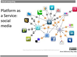Cloud computingPlatform as a Service: social mediahttp://www.flickr.com/photos/silvertje/3582813518/in/photostream/