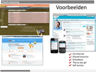 Cloud computingVoorbeeldenVia InternetShared resourceSchaalbaar‘Pay as you go’Self service
