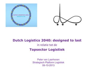 Dutch Logistics 2040: designed to last
in relatie tot de
Topsector Logistiek
Peter van Laarhoven
Strategisch Platform Logistiek
08-10-2013
 