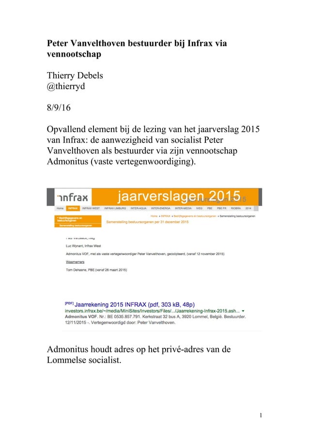 Peter Vanvelthoven bestuurder bij Infrax via vennootschap PDF