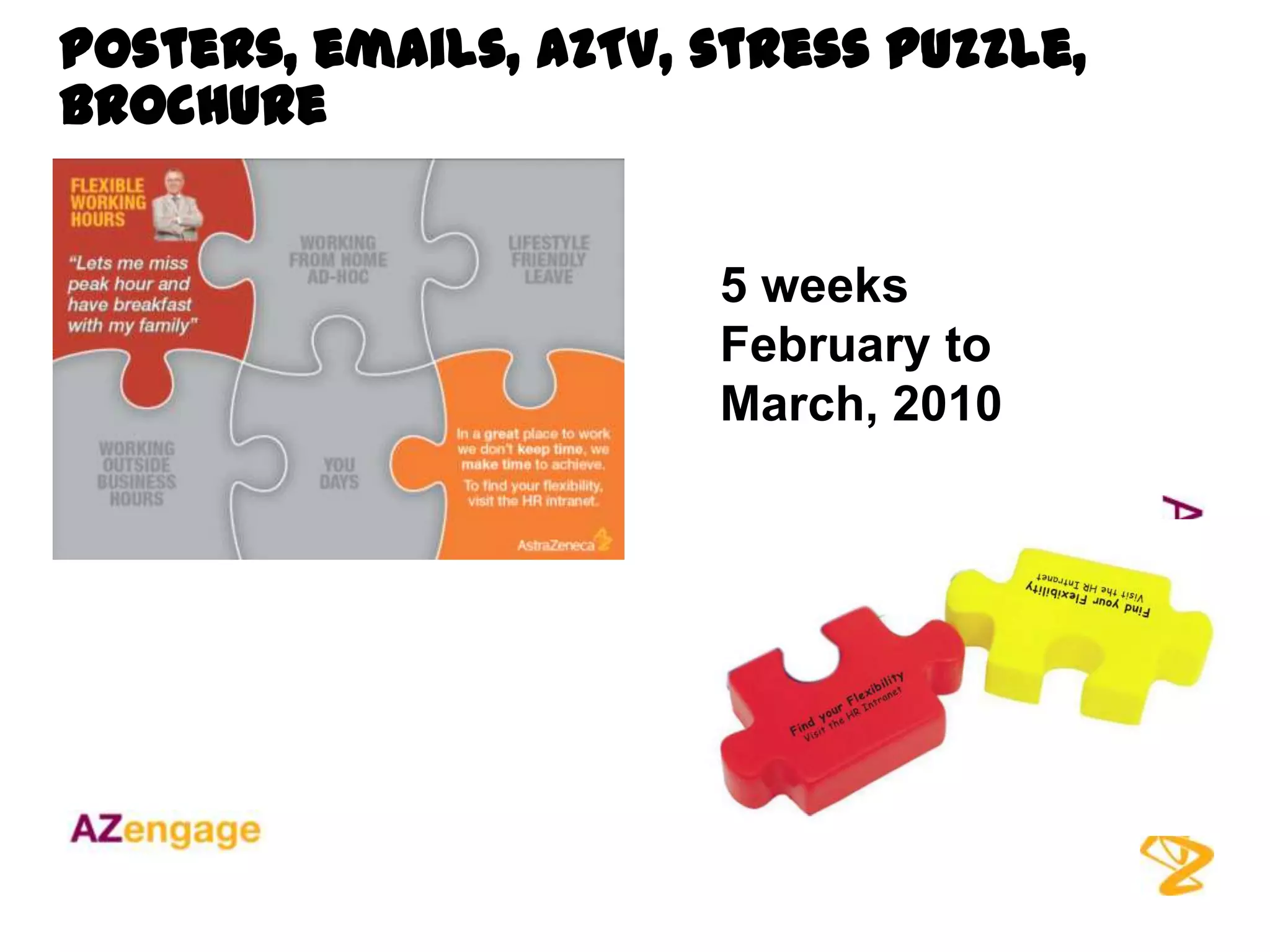 Posters, emails, AZTV, stress puzzle,
brochure


                       5 weeks
                       February to
                       March, 2010
 