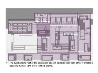 •

The overhanging roof of the each units doesn’t coincide with each other it creates a
beautiful natural light effect in the building.

 
