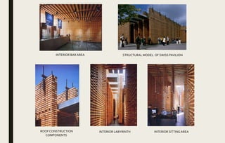 INTERIOR BARAREA STRUCTURAL MODEL OF SWISS PAVILION
ROOF CONSTRUCTION
COMPONENTS
INTERIOR LABYRINTH INTERIOR SITTINGAREA
 