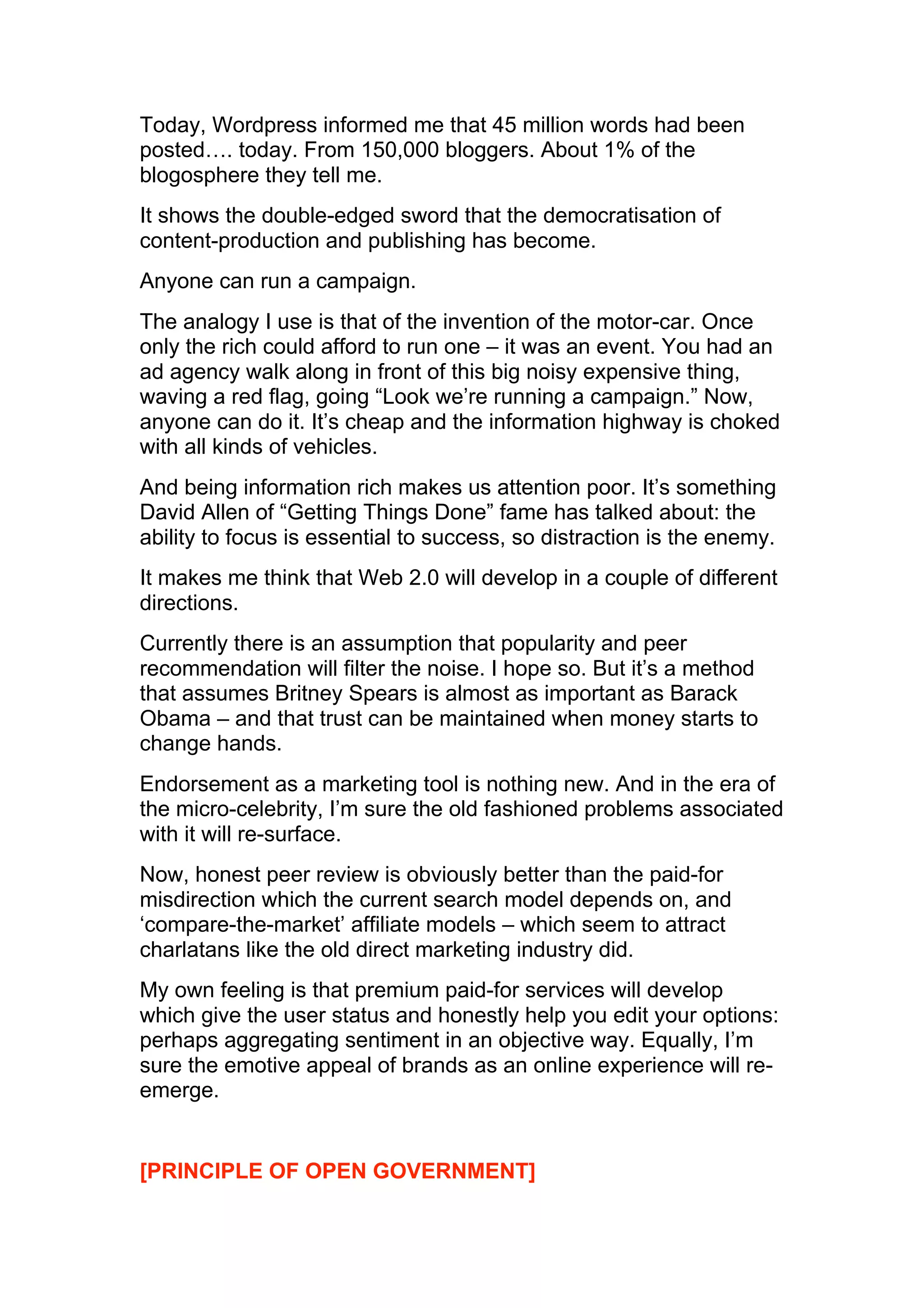 Web2.0 for the Public Sector, Principles, Issues and Challenges