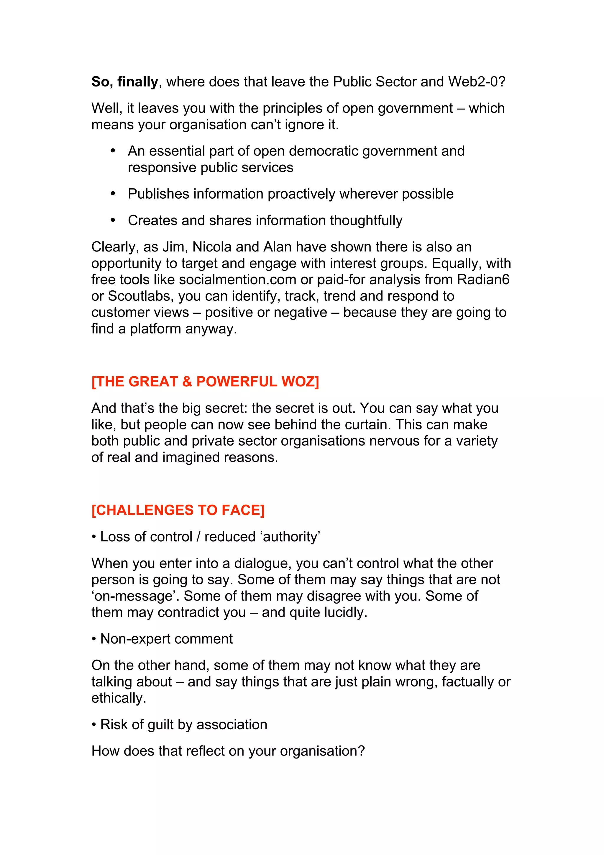 Web2.0 for the Public Sector, Principles, Issues and Challenges