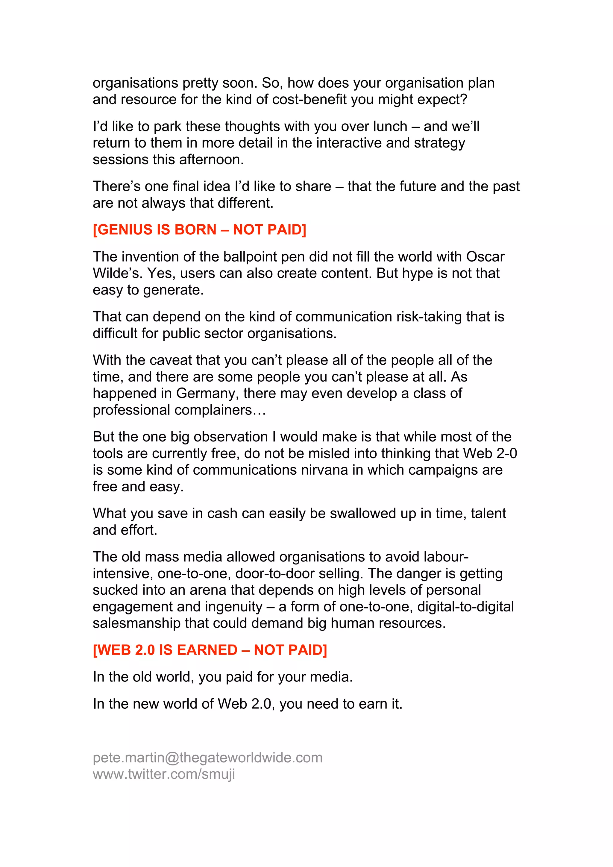 Web2.0 for the Public Sector, Principles, Issues and Challenges