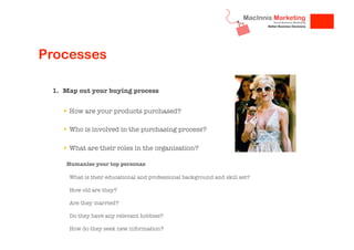 Processes
1.  Map out your buying process
!  How are your products purchased?
!  Who is involved in the purchasing process?
!  What are their roles in the organisation?
Humanise your top personas
What is their educational and professional background and skill set?
How old are they?
Are they married?
Do they have any relevant hobbies?
How do they seek new information?

 