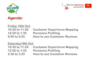 50

Agenda:
Friday 18th Oct
10:30 to 11:30
Customer Experience Mapping
12:30 to 1:30
Personna Profiling
5:00 to 5:55
How to use Customer Reviews
Saturday19th Oct
10:35 to 11:35
Customer Experience Mapping
12:30 to 1:25
Personna Profiling
2:30 to 3:25
How to use Customer Reviews

 