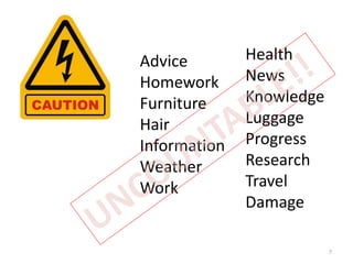 7
Advice
Homework
Furniture
Hair
Information
Weather
Work
Health
News
Knowledge
Luggage
Progress
Research
Travel
Damage
 
