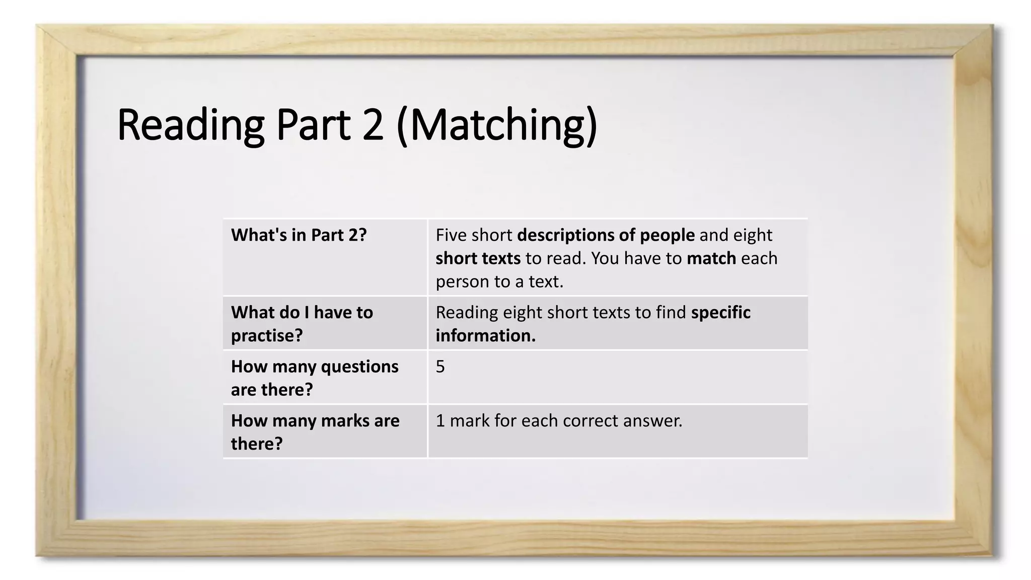 Reading Part 2 (Matching)
What's in Part 2? Five short descriptions of people and eight
short texts to read. You have to match each
person to a text.
What do I have to
practise?
Reading eight short texts to find specific
information.
How many questions
are there?
5
How many marks are
there?
1 mark for each correct answer.
 