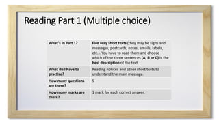 Reading Part 1 (Multiple choice)
What's in Part 1? Five very short texts (they may be signs and
messages, postcards, notes, emails, labels,
etc.). You have to read them and choose
which of the three sentences (A, B or C) is the
best description of the text.
What do I have to
practise?
Reading notices and other short texts to
understand the main message.
How many questions
are there?
5
How many marks are
there?
1 mark for each correct answer.
 