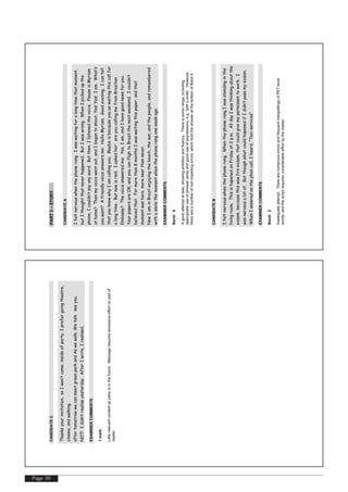 Page 30
CANDIDATEC
Thanksyourinvitation..soIwon’tcome.insideofparty,Iprefergoingtheatre,
cinema,andwalking.
aftertomorrowwecanmeetgreenparkandAswewalk,Wetalk.seeyou.
NOT!Ididn’trealiseyesterday.AfterIwrite,Irealised.
EXAMINERCOMMENTS
1mark.
Littlerelevantcontentaspartyisinthefuture.Messagerequiresexcessiveeffortonpartof
reader.
PART3–STORY
CANDIDATEA
Ifeltnervouswhenthephonerang.Iwaswaitingforalongtimethatmoment,
butIthoughtthatneverhappened.ButIwaswrong.WhenIpickedupthe
phone,Icouldn’tsayanyword.Butthen,Ilistenedthevoice.PleaseisMyriam
athome?Thenmyvoicewentout,andIbegantoshout,Yes!Yes!Iam.What’s
youwant?Afriendlyvoiceanswersme:HelloMyriam.Goodevening.Icantell
thatyouknowwhyIamcallingyou.Maybeisbecauseyouaewaitingthiscallfor
alongtime.Butnowisreal.Iaskedher:areyoucallingmefromBrazilian
Embassy?Thevoiceansweredme:Yes,Iam,andIhavegoodnewsforyou.
YourpapersareOK,andyoucanflightoBrazilthenextweekend.Icouldn’t
believedthat.Formorethan8monthsIwaswaitingthispaper,andthat
momentwashere,morenearthannever.
NowIaminBrazilenjoyingthebeach,thesun,andthepeople,andremembered
withasmilethemomentwhenthephonerangoneweekago.
EXAMINERCOMMENTS
Band:4
Agoodattemptattask,showingambitionandfluency.Thereissomerange,including
appropriateuseofphrasalverbsandgooduseofexpressions,e.g.'withasmile'.However,
thereareanumberofnon-impedingerrors,whichholdtheansweratthebottomofBand4.
CANDIDATEB
Ifeltnervouswhenthephonerang.WhenthephonerangIwasstandinginthe
livingroom.ThisishapenedonFridayat2p.m.AlldayIwasthinkingaboutthe
exsam,becousethiswasfirsexsam,thatcouldgivemepermissentowork.I
wasnervousalotof.ButthoughwhatcouldhapenedifIdidn’tpassmyexsam.
WhenIanseredonthephoncall,Iheard,“Taxiservices”
EXAMINERCOMMENTS
Band:2
Inadequateattempt.TherearenumerouserrorsandfrequentmisspellingsofPET-level
words,andthescriptrequiresconsiderableeffortbythereader.
 