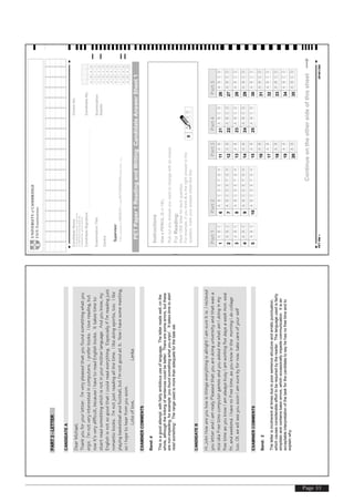 Page 33
PART3-LETTER
CANDIDATEA
DearMichael,
Thankyouforyourletter.I’mverypleasedthatyoufoundsomethingwhatyou
enjoi.I’mnotveryinterestedincomputers.Ipreferbooks.Ilovereading,but
nowit’sverydifficult,becauseIhavetoreadEnglishbooks.Ittakestimeto
startreadsomethingwhichisnotinyourmotherlanguage.Andyouknow,my
EnglishisnotsogoodthatIcouldreadeverything.EspeciallyifI’mreadingjust
romanticbooks.I’mnotjustreadingallthetime.Ilikedoingsports,too.Ilike
playingbasketballandfootball,butI’mnotgoodatit.NowIhavesomemeeting,
soIhopetohearfromyousoon.
Lotsoflove,Lenka
EXAMINERCOMMENTS
Band:4
Thisisagoodattempt,withfairlyambitioususeoflanguage.Theletterreadswell,onthe
whole,althoughthelinkingofsentencescouldbebetter.Therearesomeerrors,butthese
arenon-impeding,forexample‘youfoundsomethingwhatyouenjoi’,‘Ittakestimetostart
readsomething’.Therangeusedismorethanadequateforthetaskset.
CANDIDATEB
HiJohnHowareyouhowisthingseverythingisallrightIamsureitis.Irecieved
youletterandIamrealyPleasedthatyouaredoinguniversityandthatwasa
niceidiaFreetimecomputergamesandyouaskedmewhatamIdoinginmy
freetimeasyouknowIamalwaysbusyIamworkingfivedaysaweekmon.wed.
fri.andweekend.IhavenoFreetime.asyouknowinthemorningIdocollage
too.OKwewillseeyousoonIamsurebyfornow.takecareofyourself
EXAMINERCOMMENTS
Band:2
Theletterisincoherentattimesduetopoorsentencestructureanderraticpunctuation,
whichcausesconsiderableefforttoberequiredbythereader.Thelanguageusedisfairly
simplisticandcontainsbasicerrors,whichoccasionallyimpedecommunication.Itisan
acceptableinterpretationofthetaskforthecandidatetosayhehasnofreetimeandto
explainwhy.
Continueontheothersideofthissheet
Supervisor:
PETPaper1ReadingandWritingCandidateAnswerSheet1
0000
1
2
3
4
5
6
7
8
9
1
2
3
4
5
6
7
8
9
1
2
3
4
5
6
7
8
9
1
2
3
4
5
6
7
8
9
CandidateName
Ifnotalreadyprinted,writename
inCAPITALSandcompletethe
CandidateNo.grid(inpencil).
CandidateSignature
ExaminationTitle
Centre
IfthecandidateisABSENTorhasWITHDRAWNshadehere
CandidateNo.
CentreNo.
Examination
Details
Instructions
UseaPENCIL(BorHB).
Ruboutanyansweryouwanttochangewithaneraser.
ForReading:
MarkONEletterforeachquestion.
Forexample,ifyouthinkAistherightanswertothe
question,markyouranswersheetlikethis:
Part1
2
1ABC
ABC
4
3
5
0ABCD
ABC
ABC
ABC
Part2
7
6ABC
ABC
9
8
10
D
D
E
E
F
F
G
G
H
H
ABC
ABC
D
D
E
E
F
F
G
G
H
H
ABCDEFGH
Part3
12
11AB
AB
14
13
15
AB
AB
AB
Part5
27
26ABC
ABC
29
28
30
D
D
ABC
ABC
D
D
ABCD
Part4
22
21ABC
ABC
24
23
25
D
D
ABC
ABC
D
D
ABCD
16
17
AB
AB
31
32
ABCD
ABCD
18
19
AB
AB
33
34
ABCD
ABCD
20AB35ABCD
PETRW1DP491/389
 