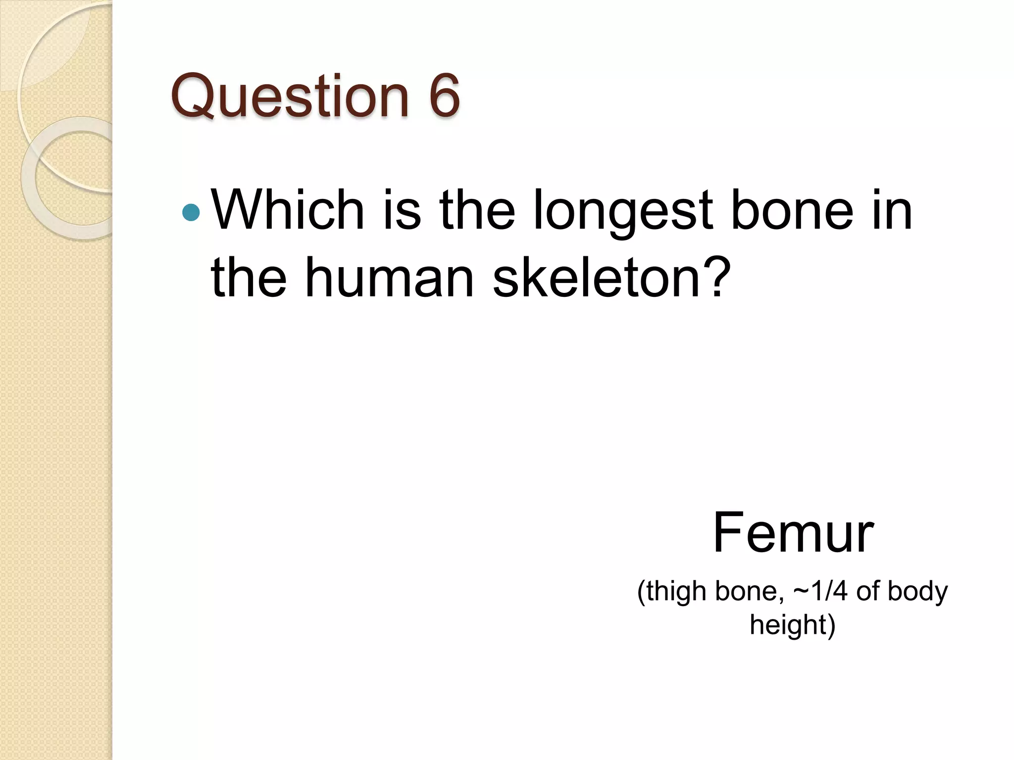 Question 6
Which is the longest bone in
the human skeleton?
Femur
(thigh bone, ~1/4 of body
height)
 