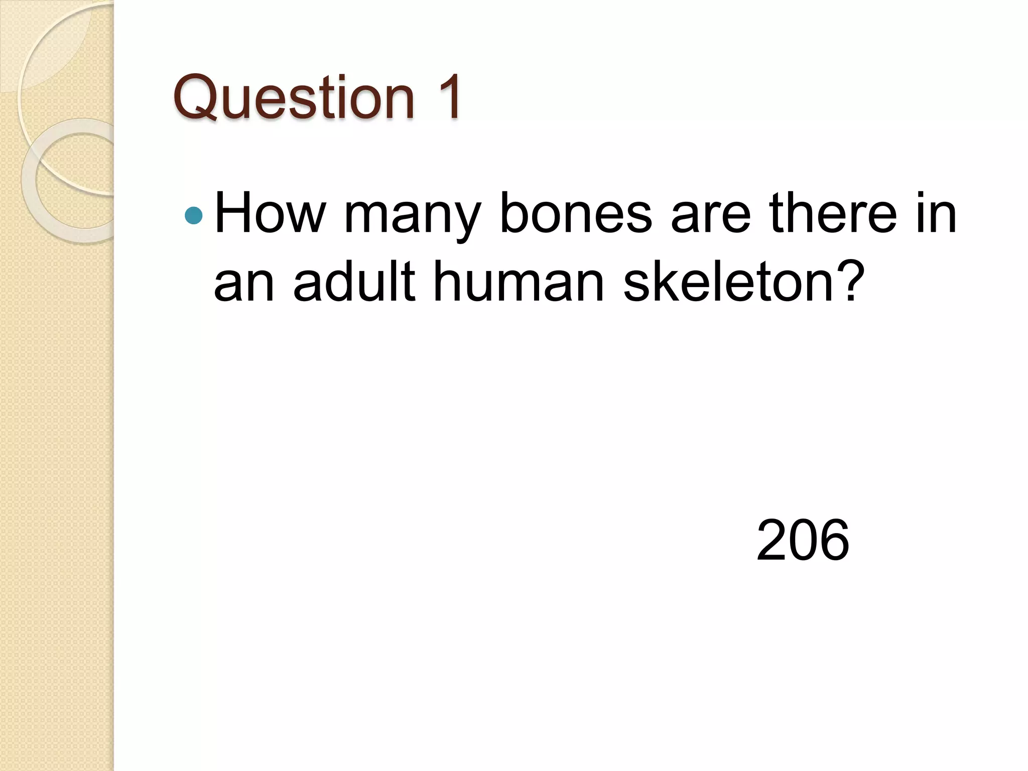 Question 1
How many bones are there in
an adult human skeleton?
206
 