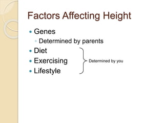 Factors Affecting Height
 Genes
◦ Determined by parents
 Diet
 Exercising
 Lifestyle
Determined by you
 