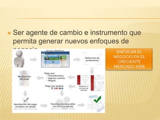 Ser agente de cambio e instrumento que permita generar nuevos enfoques de negocio.ENFOCAR EL NEGOCIO EN EL CRECIENTE MERCADO WEB