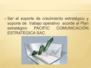 Ser el soporte de crecimiento estratégico y soporte de  trabajo operativo  acorde al Plan estratégico PACIFIC COMUNICACIÓN ESTRATEGICA SAC.
