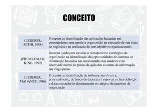 CONCEITO 
(LEDERER; 
SETHI, 1988) 
Processo de identificação das aplicações baseadas em 
computadores para apoiar a organização na execução de seu plano 
de negócios e na realização de seus objetivos organizacionais 
(PREMKUMAR; 
KING, 1992) 
Recurso usado para auxiliar o planejamento estratégico da 
organização na identificação das oportunidades de sistemas de 
informação baseadas nas necessidades dos usuários e no 
desenvolvimento de planos de ação dos sistemas de informação 
em longo prazo 
(LEDERER; 
MAHANEY, 1996) 
Processo de identificação de software, hardware e, 
principalmente, de banco de dados para suportar a clara definição 
e documentação do planejamento estratégico de negócios da 
organização 
 