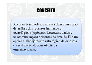 CONCEITO 
Recurso desenvolvido através de um processo 
de análise dos recursos humanos e 
tecnológicos (software, hardware, dados e 
telecomunicação) presentes na área de TI para 
apoiar o planejamento estratégico da empresa 
e a realização de seus objetivos 
organizacionais. 
 