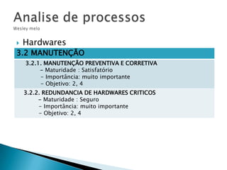 

Hardwares

3.2 MANUTENÇÃO

3.2.1. MANUTENÇÃO PREVENTIVA E CORRETIVA
- Maturidade : Satisfatório
- Importância: muito importante
- Objetivo: 2, 4
3.2.2. REDUNDANCIA DE HARDWARES CRITICOS
- Maturidade : Seguro
- Importância: muito importante
- Objetivo: 2, 4

 