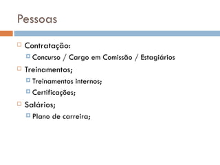 Pessoas
   Contratação:
     Concurso   / Cargo em Comissão / Estagiários
   Treinamentos;
     Treinamentos  internos;
     Certificações;

   Salários;
     Plano   de carreira;
 