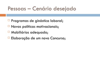 Pessoas – Cenário desejado
   Programas de ginástica laboral;
   Novas políticas motivacionais;
   Mobiliários adequado;
   Elaboração de um novo Concurso;
 