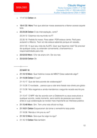 Cláudio Wagner
Perito Contador CNPC nº 3.738
Contador CRC nº 1RS 048.422/O
Auditor Independente CNAI nº 0604
12
SIGILOSO
• 17:47:53 Deltan ok
• 19:41:33 Moro Tive que aitorizar nossa assessoria a liberar acesso aquele
feito
• 22:23:26 Deltan O da interceptação, certo?
22:24:12 Estamos nos reunindo na FT
22:35:18 Pedido foi nosso. Para saber: PGR estava ciente. Pedi para
avisarem o Marcio. Teori só não estava sabendo porque em sessão.
22:51:35 Vi que saiu nota da AJUFE. Quer que façamos nota? Se precisar
de qualquer coisa, ou entender conveniente, chamaremos a
responsabilidade para nós
• 22:53:03 Moro S for da anprs sim. De vcs nao.
• 22:53:50 Deltan Ok
----------x----------
22 MAR 16
• 21:10:10 Moro Que história é essa do MBO? Estao sabendo algo?
• 21:15:08 Deltan O que?
21:15:17 Que ele faria acordo de colaboração?
21:15:28 É novidade... parece que a ode teria falado isso direto pra globo
21:15:38 Nós negamos e ainda mandamos o seguinte recado escrito pra
tv
21:15:47 O MPF não fez acordo com a Odebrecht ou seus executivos e
qualquer acordo, neste momento, será restrito às pessoas que vierem
antes e cuja colaboração se revelar mais importante ao interesse público
• 21:15:48 Moro Sim. Tem uma nota oficial na Veja.
• 21:16:01 Deltan Esqueceram de tomar o remedinho tarja preta
21:16:06 Manda o link pra eu ver?
• 21:16:13 Moro Sera que fez algo na cgu?
• 21:16:19 Deltan Não também
 
