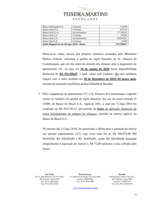 São Paulo
R. Pe. João Manuel 755 19º andar
Jd Paulista | 01411-001
Tel.: 55 11 3060-3310
Fax: 55 11 3061-2323
Rio de Janeiro
R. Primeiro de Março 23 Conj. 1606
Centro| 20010-904 
Tel.: 55 21 3852-8280
Brasília
SAS Quadra 1 Bloco M Lote 1
Ed. Libertas Conj. 1009
Asa Sul | 70070-935
Tel./Fax: 55 61 3326-990
www.teixeiramartins.com.br
14
Banco Mercantil S.A. Corrente 136,90
Banco Real S.A. Corrente 655,48
Banco Real S.A. Investimentos 77.180,83
Banco Itaú S.A. Corrente 150,00
Banco Itaú S.A. Investimentos 99.850,01
Banco Itaú S.A. Corrente 10,00
Saldo Disponível em 10/Ago./2010 - Reais 931.558,07
Observa-se, então, através dos próprios relatórios acostados pelo Ministério
Público Federal, referentes à quebra do sigilo bancário do Sr. Glaucos da
Costamarques, que um dia antes da emissão dos cheques para o pagamento do
apartamento 121, ou seja, em 10 de Agosto de 2010, havia disponibilidade
financeira de R$ 931.558,07, a qual, como está evidente, não tem nenhuma
relação com o valor recebido em 20 de Dezembro de 2010, 04 meses após,
oriundo da transação imobiliária da Rua Haberbeck Brandão.
3. Para o pagamento do apartamento 121, o Sr. Glaucos da Costamarques, segundo
consta no relatório da quebra de sigilo bancário, fez uso da conta corrente nº
35009, do Banco do Brasil S.A., Agência 1881, a qual em 11/Ago./2010 foi
creditada em R$ 528.349,12, proveniente da baixa de aplicação financeira da
conta investimentos do próprio Sr. Glaucos, mantida na mesma agência do
Banco do Brasil S.A..
No mesmo dia 11/Ago./2010, foi autorizado o débito para a quitação do imóvel
em questão (apartamento 121), cujo valor total foi de R$ 504.072,00 (R$
94.024,00; R$ 390.024,00 e R$ 20.024,00), sendo R$ 504.000,00 destinado
integralmente à aquisição do imóvel e, R$ 72,00 referente a taxa cobrada pelo
banco.
 