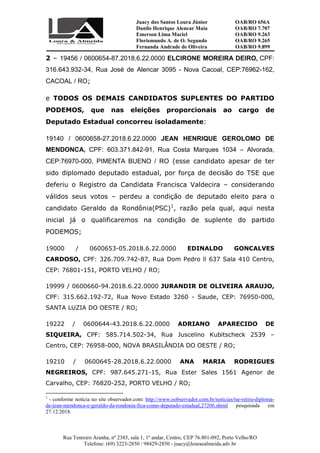 Juacy dos Santos Loura Júnior OAB/RO 656A
Danilo Henrique Alencar Maia OAB/RO 7.707
Emerson Lima Maciel OAB/RO 9.263
Florismundo A. de O. Segundo
Fernanda Andrade de Oliveira
OAB/RO 9.265
OAB/RO 9.899
Rua Tenreiro Aranha, nº 2385, sala 1, 1º andar, Centro, CEP 76.801-092, Porto Velho/RO
Telefone: (69) 3223-2850 / 98429-2850 - juacy@louraealmeida.adv.br
2 – 19456 / 0600654-87.2018.6.22.0000 ELCIRONE MOREIRA DEIRO, CPF:
316.643.932-34, Rua José de Alencar 3095 - Nova Cacoal, CEP:76962-162,
CACOAL / RO;
e TODOS OS DEMAIS CANDIDATOS SUPLENTES DO PARTIDO
PODEMOS, que nas eleições proporcionais ao cargo de
Deputado Estadual concorreu isoladamente:
19140 / 0600658-27.2018.6.22.0000 JEAN HENRIQUE GEROLOMO DE
MENDONCA, CPF: 603.371.842-91, Rua Costa Marques 1034 – Alvorada,
CEP:76970-000, PIMENTA BUENO / RO (esse candidato apesar de ter
sido diplomado deputado estadual, por força de decisão do TSE que
deferiu o Registro da Candidata Francisca Valdecira – considerando
válidos seus votos – perdeu a condição de deputado eleito para o
candidato Geraldo da Rondônia(PSC)1
, razão pela qual, aqui nesta
inicial já o qualificaremos na condição de suplente do partido
PODEMOS;
19000 / 0600653-05.2018.6.22.0000 EDINALDO GONCALVES
CARDOSO, CPF: 326.709.742-87, Rua Dom Pedro ll 637 Sala 410 Centro,
CEP: 76801-151, PORTO VELHO / RO;
19999 / 0600660-94.2018.6.22.0000 JURANDIR DE OLIVEIRA ARAUJO,
CPF: 315.662.192-72, Rua Novo Estado 3260 - Saude, CEP: 76950-000,
SANTA LUZIA DO OESTE / RO;
19222 / 0600644-43.2018.6.22.0000 ADRIANO APARECIDO DE
SIQUEIRA, CPF: 585.714.502-34, Rua Juscelino Kubitscheck 2539 –
Centro, CEP: 76958-000, NOVA BRASILÂNDIA DO OESTE / RO;
19210 / 0600645-28.2018.6.22.0000 ANA MARIA RODRIGUES
NEGREIROS, CPF: 987.645.271-15, Rua Ester Sales 1561 Agenor de
Carvalho, CEP: 76820-252, PORTO VELHO / RO;
1
- conforme notícia no site observador.com: http://www.oobservador.com.br/noticias/tse-retira-diploma-
de-jean-mendonca-e-geraldo-da-rondonia-fica-como-deputado-estadual,27206.shtml pesquisada em
27.12.2018.
 