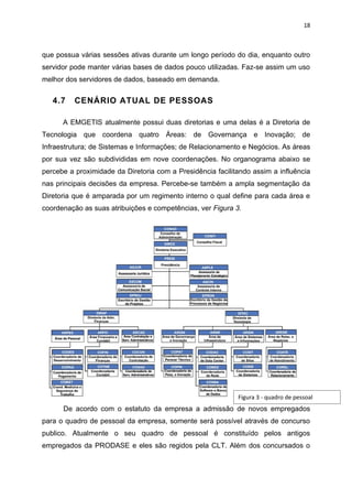 18



que possua várias sessões ativas durante um longo período do dia, enquanto outro
servidor pode manter várias bases de dados pouco utilizadas. Faz-se assim um uso
melhor dos servidores de dados, baseado em demanda.


   4.7    CENÁRIO ATUAL DE PESSOAS

      A EMGETIS atualmente possui duas diretorias e uma delas é a Diretoria de
Tecnologia que coordena quatro Áreas: de Governança e Inovação; de
Infraestrutura; de Sistemas e Informações; de Relacionamento e Negócios. As áreas
por sua vez são subdivididas em nove coordenações. No organograma abaixo se
percebe a proximidade da Diretoria com a Presidência facilitando assim a influência
nas principais decisões da empresa. Percebe-se também a ampla segmentação da
Diretoria que é amparada por um regimento interno o qual define para cada área e
coordenação as suas atribuições e competências, ver Figura 3.




                                                            Figura 3 - quadro de pessoal
      De acordo com o estatuto da empresa a admissão de novos empregados
para o quadro de pessoal da empresa, somente será possível através de concurso
publico. Atualmente o seu quadro de pessoal é constituído pelos antigos
empregados da PRODASE e eles são regidos pela CLT. Além dos concursados o
 