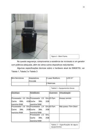11




                                              Figura 1 - Main Frame.

        No quesito segurança, comprovamos a existência de no-breaks e um gerador
com potência adequada, além de vários outros dispositivos redundantes.
        Algumas especificações técnicas sobre o hardware atual da EMGETIS, ver
Tabela 1, Tabela 2 e Tabela 3:


Mini-Servidores     Adaptadores         2 Laser Multifunc.        LCD 21”
                    PCI/USB
                                        2 Matriciais

                                              Tabela 1 – Equipamentos Gerais

Desktops             NoteBooks              Scanners    Virtualização

Processador 3.0 Ghz,Processador 2.0 Ghz,25 Ppm          Acesso remoto
Cache      6Mb,   4GBCache       3Mb,   2GB
memória RAM         memória RAM
Processador 2.6 Ghz,Processador 2.4 Ghz,40 Ppm          Não possui Thin-Client
Cache      3Mb,   2GBCache       3Mb,   2GB
memória RAM          memória RAM
                     Processador 2.2 Ghz,
                     Cache       3Mb,   2GB
                     memória RAM

                                              Tabela 2 – Especificações de alguns
                                              equipamentos
 