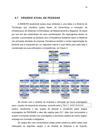 18




   4.7    CENÁRIO ATUAL DE PESSOAS

      A EMGETIS atualmente possui duas diretorias e uma delas é a Diretoria de
Tecnologia que coordena quatro Áreas: de Governança e Inovação; de
Infraestrutura; de Sistemas e Informações; de Relacionamento e Negócios. As áreas
por sua vez são subdivididas em nove coordenações. No organograma abaixo se
percebe a proximidade da Diretoria com a Presidência facilitando assim a influência
nas principais decisões da empresa. Percebe-se também a ampla segmentação da
Diretoria que é amparada por um regimento interno o qual define para cada área e
coordenação as suas atribuições e competências, ver Figura 3.




      De acordo com o estatuto da empresa a admissão de novos empregados
para o quadro de pessoal da empresa, somente será possível através de pessoal
                                                    Figura 3 - quadro de concurso

publico. Atualmente o seu quadro de pessoal é constituído pelos antigos
empregados da PRODASE e eles são regidos pela CLT. Além dos concursados o
quadro é composto também por empregados e servidores cedidos de outros órgãos,
emprego em comissão e estagiários.
      Os cargos têm uma nomenclatura antiga porém podem-se definir pelas suas
atribuições os seguintes cargos: o de Analista de Sistemas e de Suporte,
 