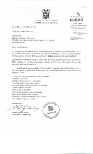 Petición información ministerio de finanzas contigencias previstas por el estado ecuatoriano